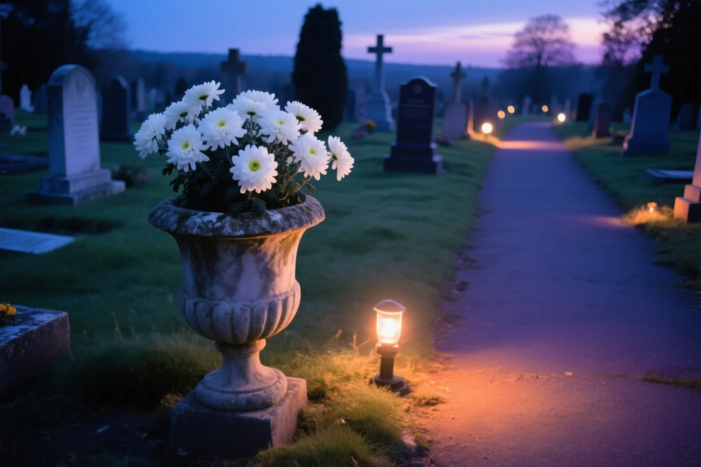 Een stenen urn met witte chrysanten staat naast een kerkhofpad, verlicht door warme lantaarns onder een paarsblauwe avondlucht.