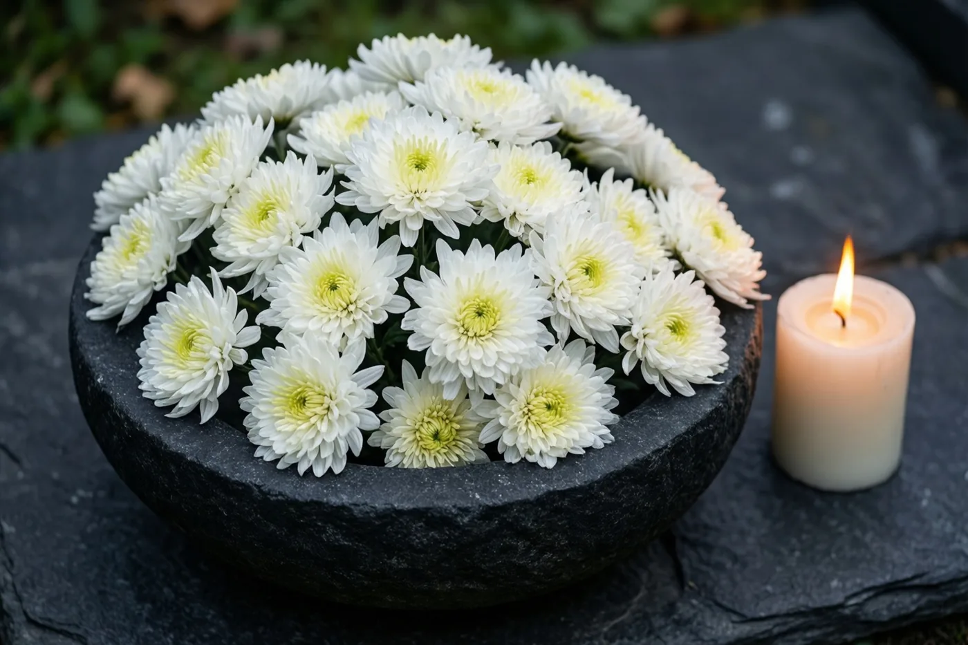 Witte chrysanten staan in een lage zwart stenen schaal naast een brandende grafkaars op donkere leisteen, met een wazige natuurlijke achtergrond.