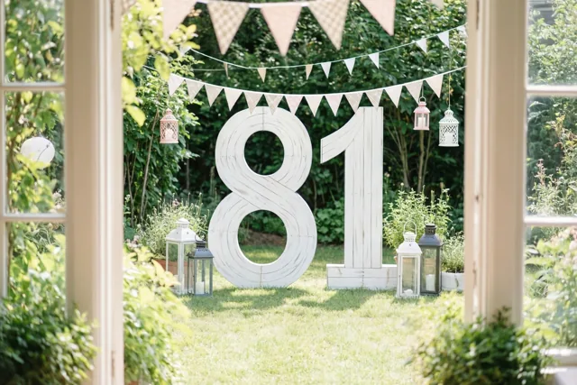 Door een open raam zijn grote witte houten cijfers 81 te zien in een zonnige groene tuin met vlaggetjes en lantaarns.