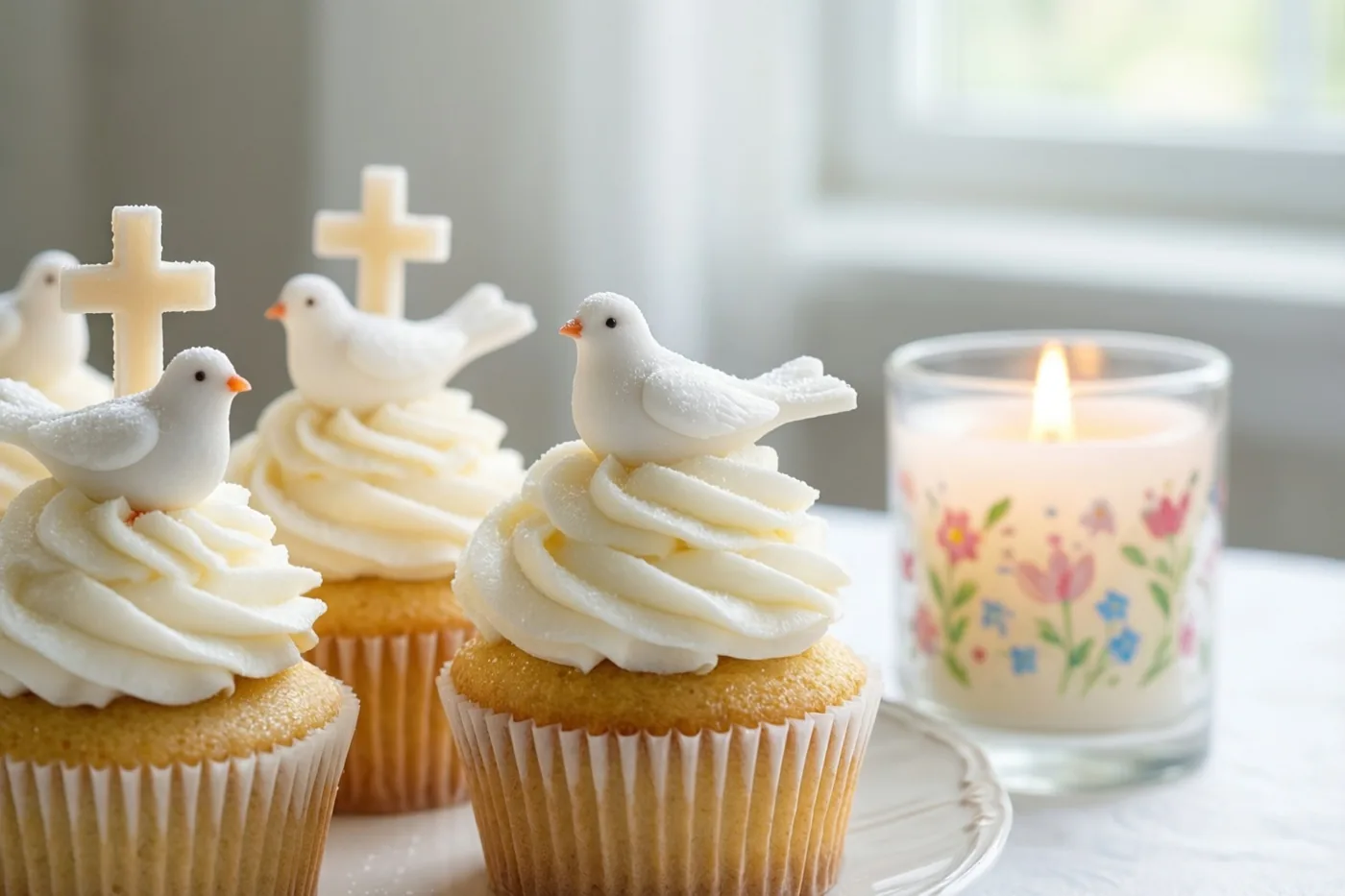 Cupcakes met wit glazuur, suikerduiven en kruisjes staan naast een brandende kaars met bloemenmotief op een tafel bij een raam.