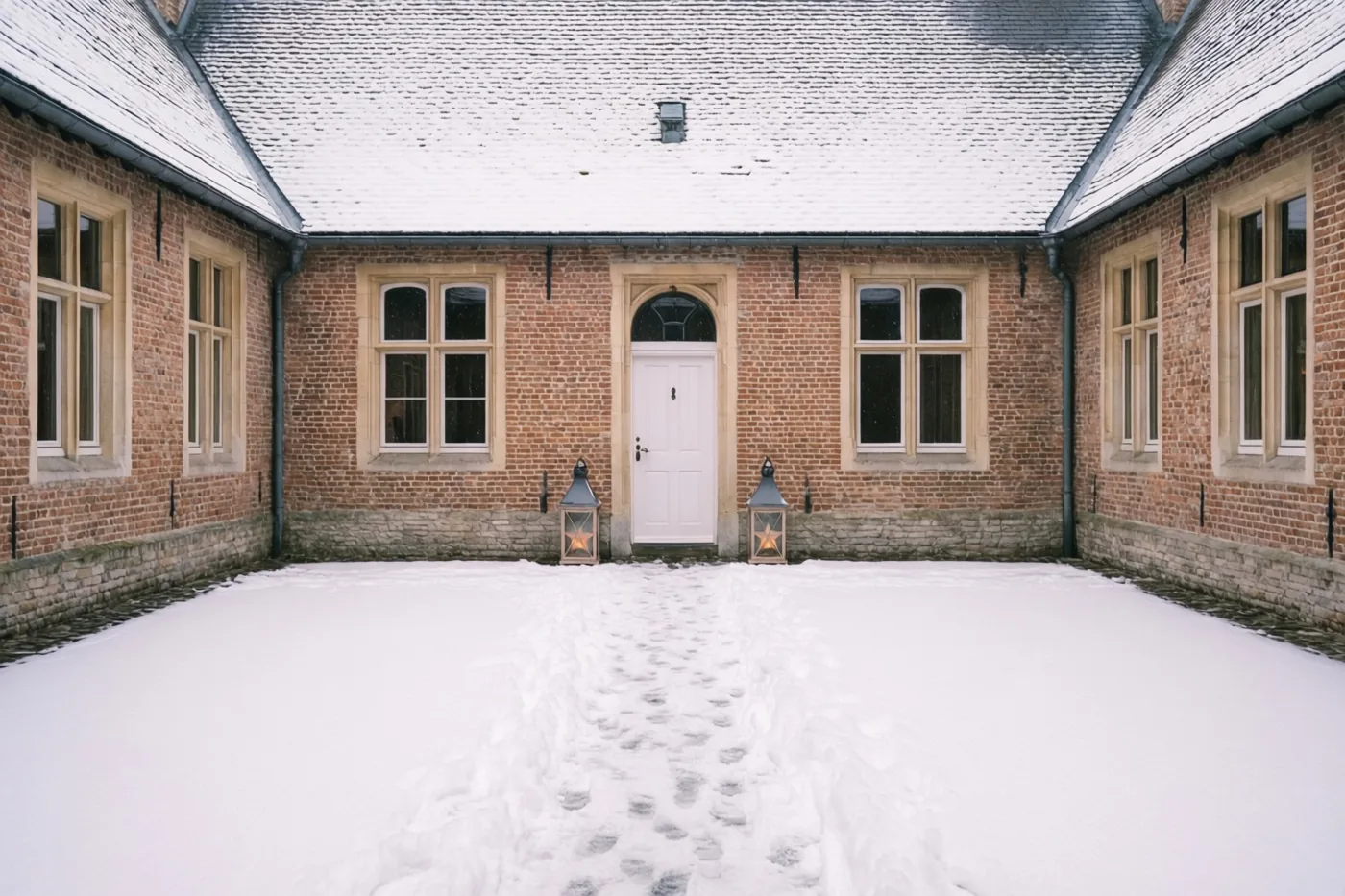 Op een besneeuwde binnenplaats staat een bakstenen gebouw met een witte deur, aan weerszijden een sterlantaarn en beige stenen accenten.