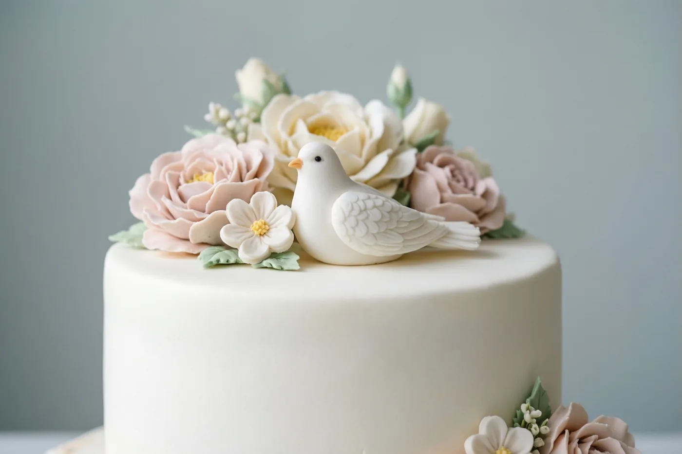 Een witte dooptaart met suikerbloemen en een klein wit duifje bovenop staat tegen een effen grijze achtergrond.