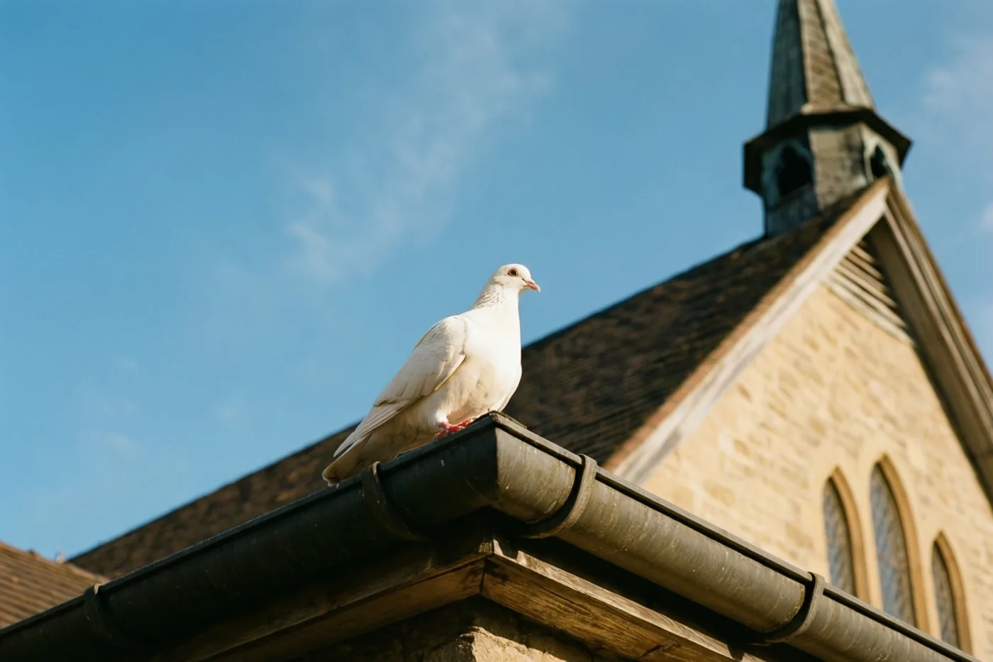 Een witte duif zit op de dakgoot van een stenen kerk onder een heldere blauwe lucht in warm zonlicht.