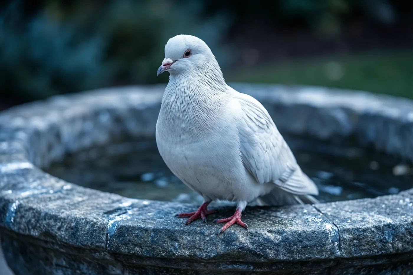 Een witte duif zit buiten op de rand van een stenen doopvont tegen een onscherpe groene achtergrond.