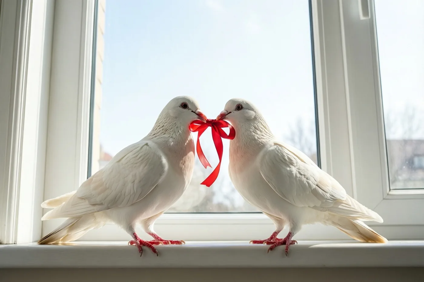 Twee witte duiven staan tegenover elkaar op een vensterbank en houden een rood lint tussen hun snavels in helder daglicht.