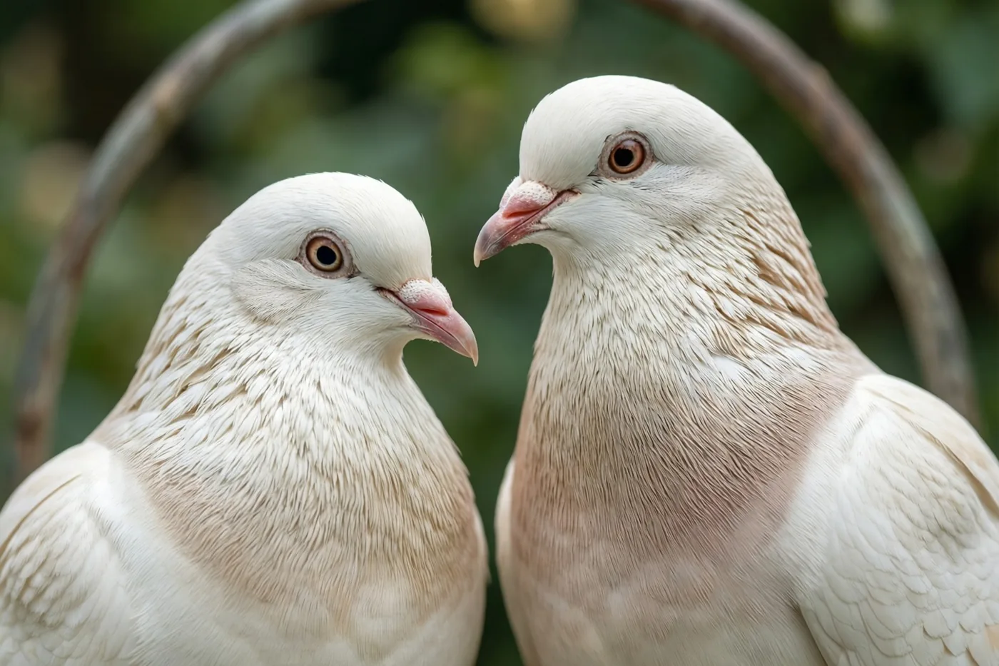 Een close-up toont twee witte duiven die op een tuinboog naar elkaar gericht zitten, tegen een zachte groene achtergrond.
