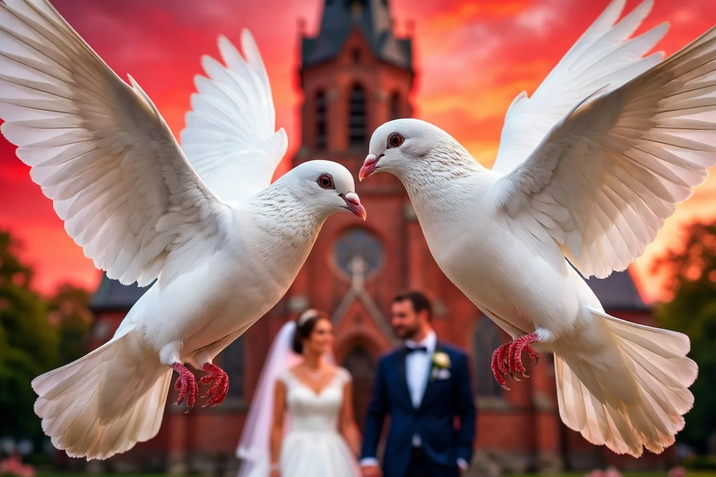 Twee witte duiven met gespreide vleugels zijn naar elkaar gericht boven een bruidspaar voor een kerk, tegen een rode en oranje avondlucht.