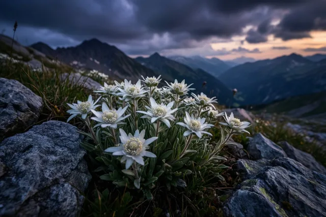 Een groepje witte edelweissbloemen groeit tussen grijze rotsen op een berghelling, met een dreigende stormlucht en bergen in de verte.