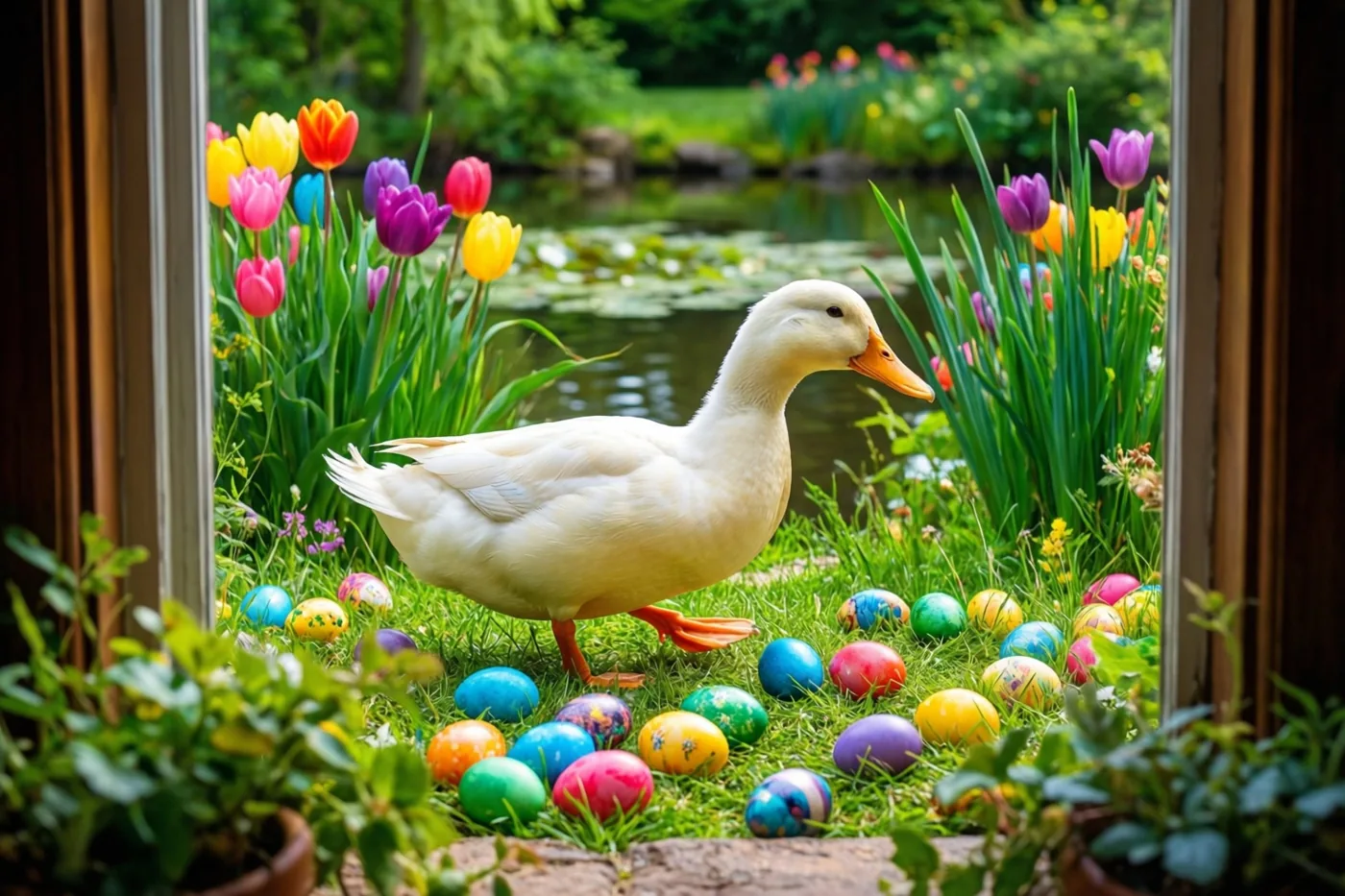 Door een raam is een witte eend te zien in het gras bij een vijver, omringd door kleurrijke paaseieren met tulpen en groen op de achtergrond.