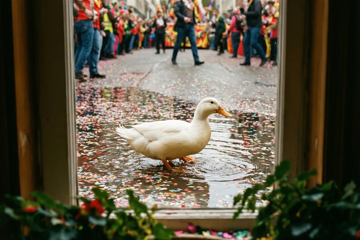 Een witte eend staat in een straatplas vol kleurrijke confetti, gezien door een raamkozijn met groen op de voorgrond en wazige mensen van een carnavalsstoet erachter.