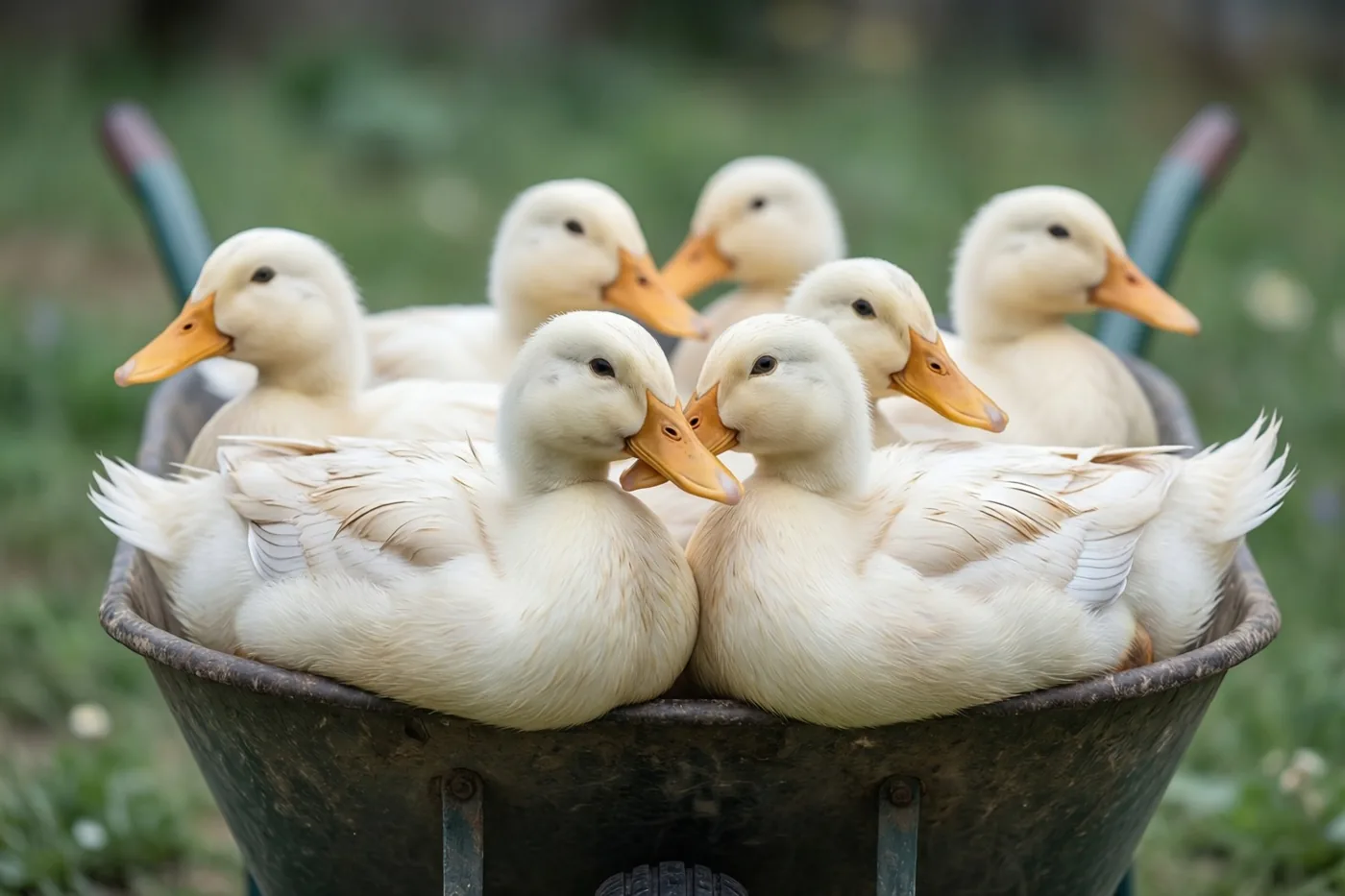 Een groep witte eenden zit dicht opeen in een donkere metalen kruiwagen in een groene tuin met een onscherpe achtergrond.