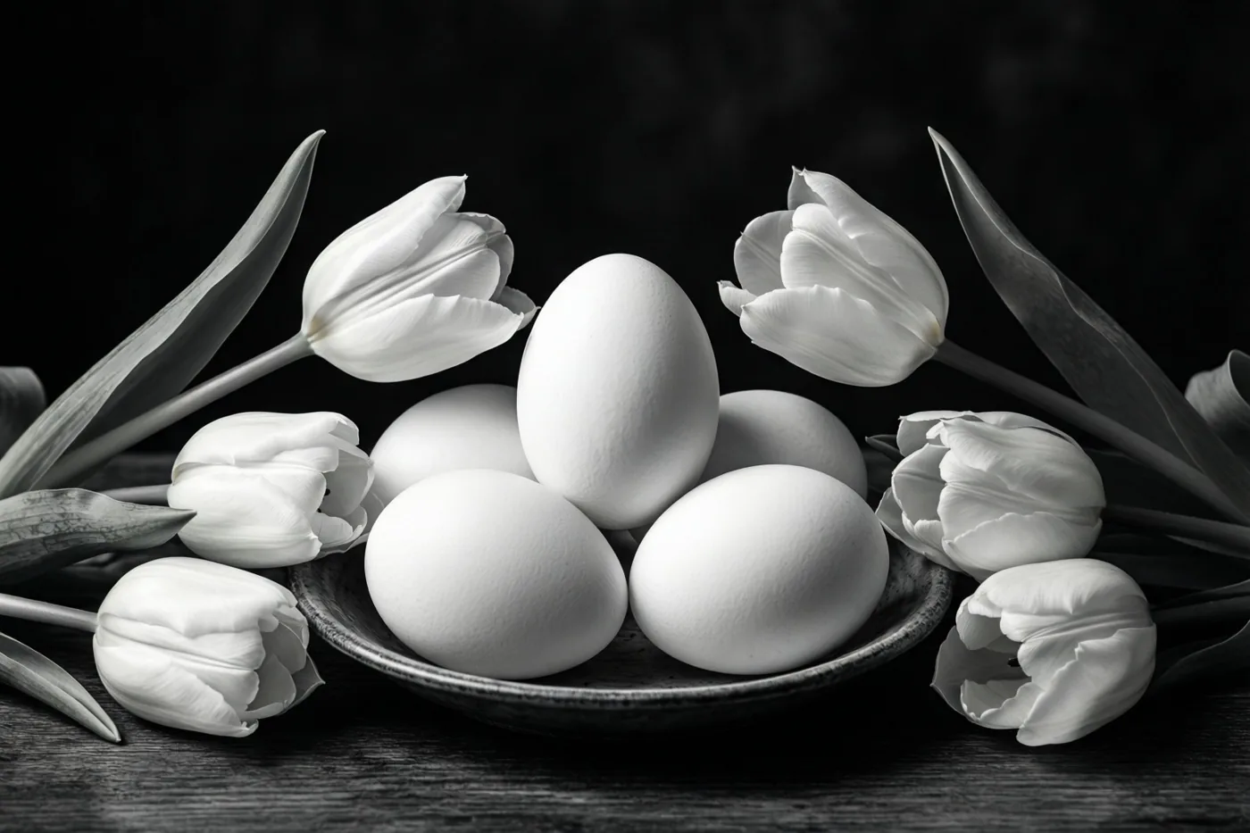 Een monochroom stilleven toont witte eieren in een donkere kom, omringd door witte tulpen op donker hout, met sterke lichtcontrasten.