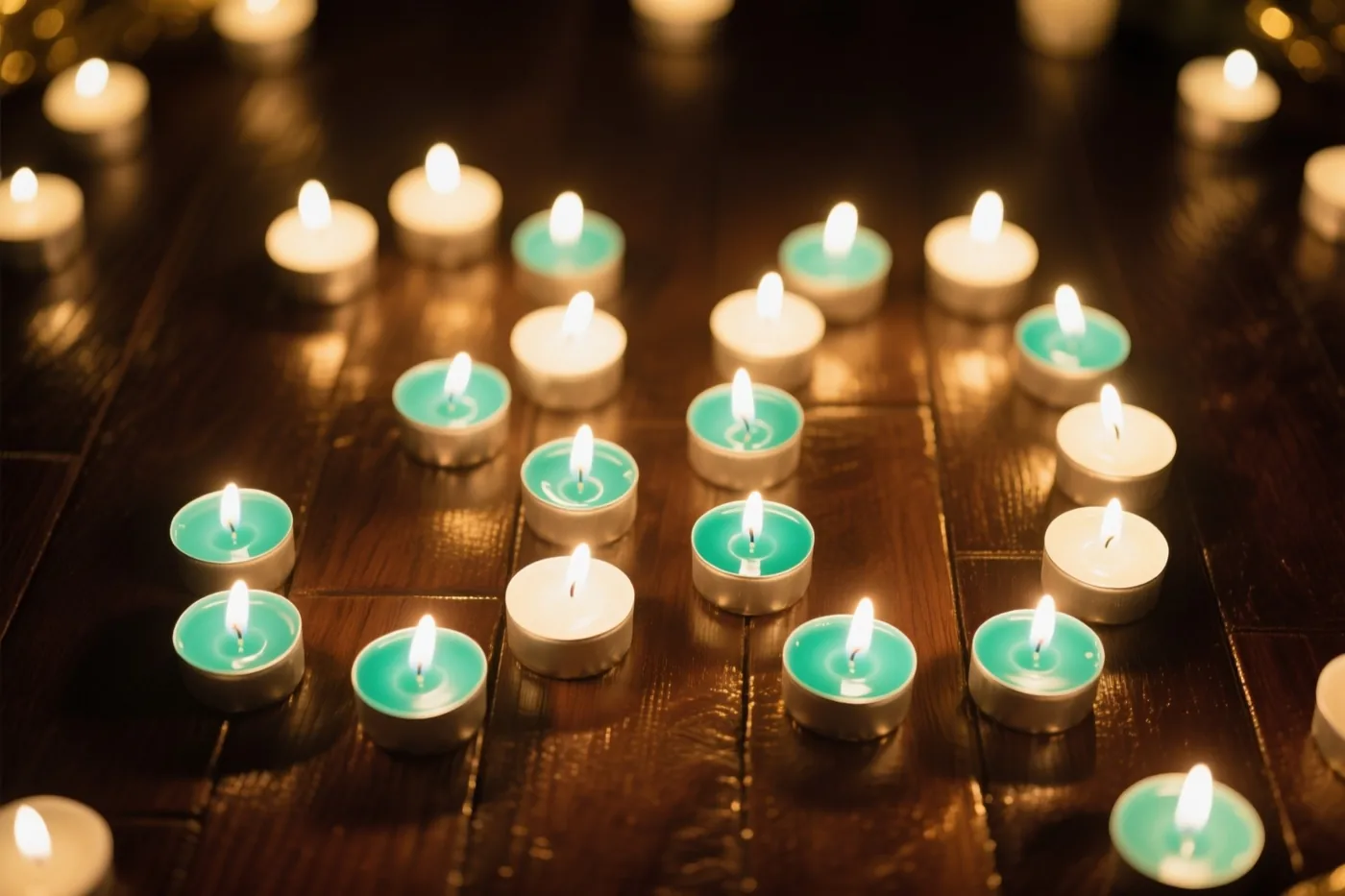 Veel brandende witte en blauwgroene theelichtjes staan op een donkere houten vloer en werpen zacht licht op het hout.