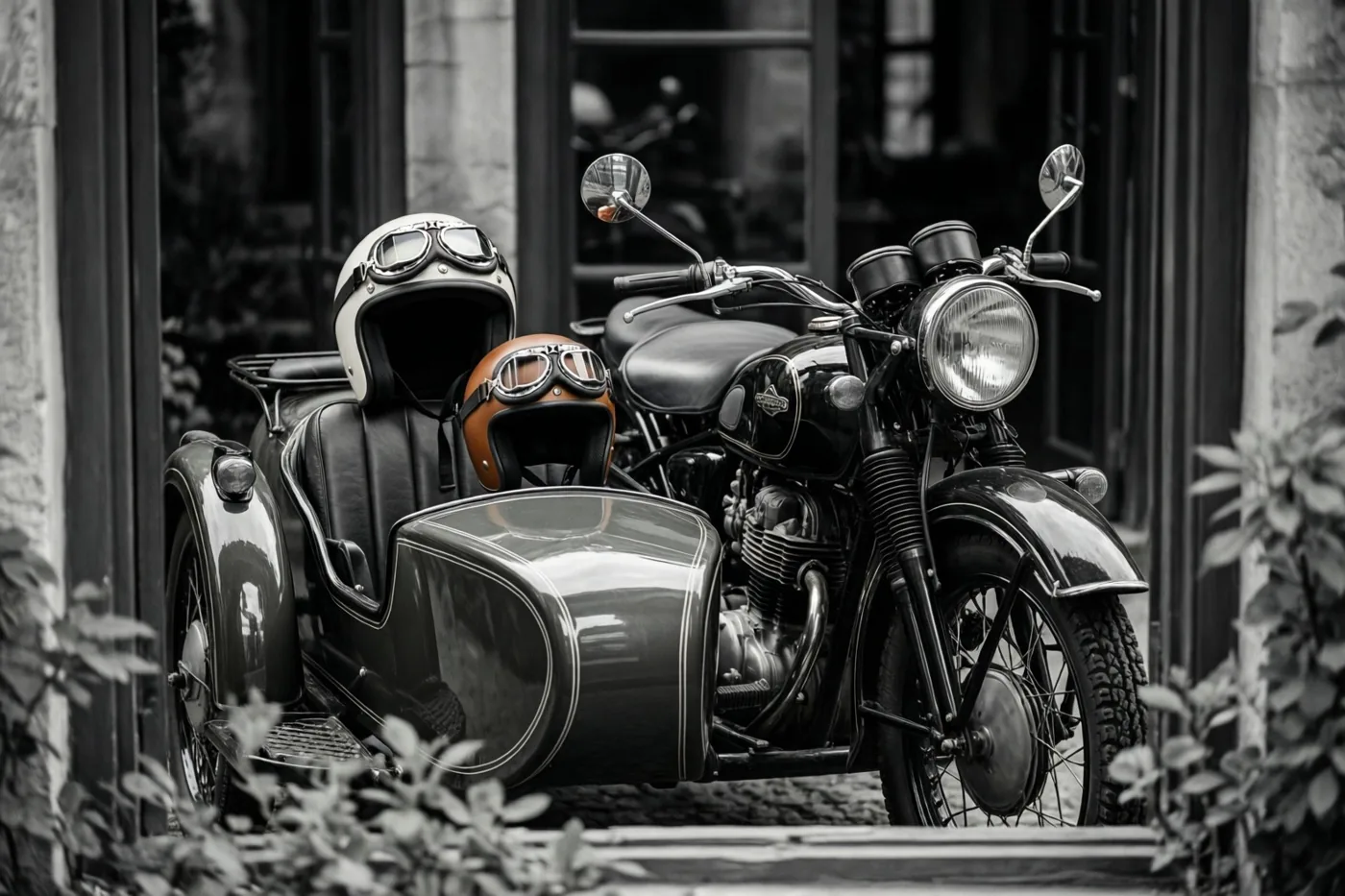 Een oude motor met zijspan staat buiten met een grote witte helm en een kleinere bruine helm, allebei met een bril, op de zitplaatsen in een grotendeels zwart-witbeeld waarin de helmen zijn uitgelicht.