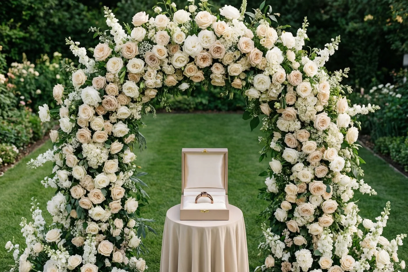 Een boog van witte en crèmekleurige rozen met groen blad staat in een tuin, met een open ringdoosje op een klein tafeltje eronder.