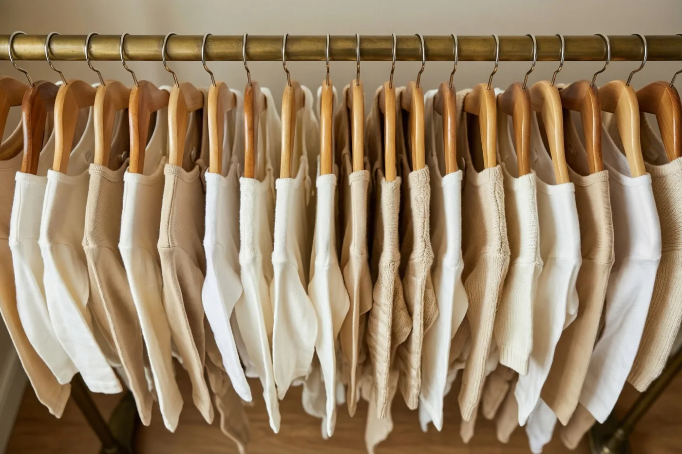 Kleine witte en lichtbeige babykleertjes hangen aan houten kleerhangers aan een messing stang in een sobere omgeving met zacht licht.