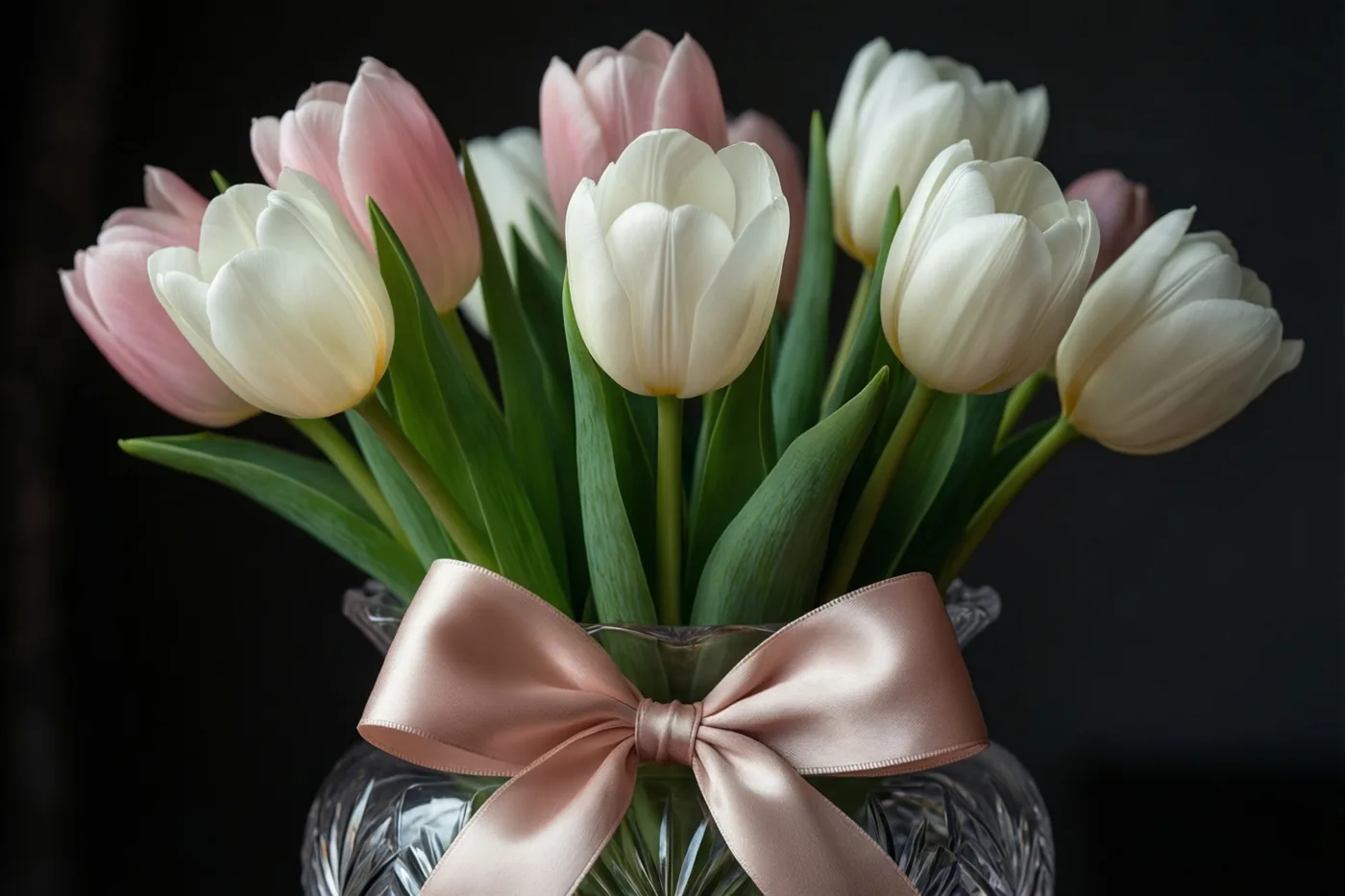 Een boeket witte en roze tulpen staat in een kristallen vaas met een roze satijnen strik tegen een donkere achtergrond.
