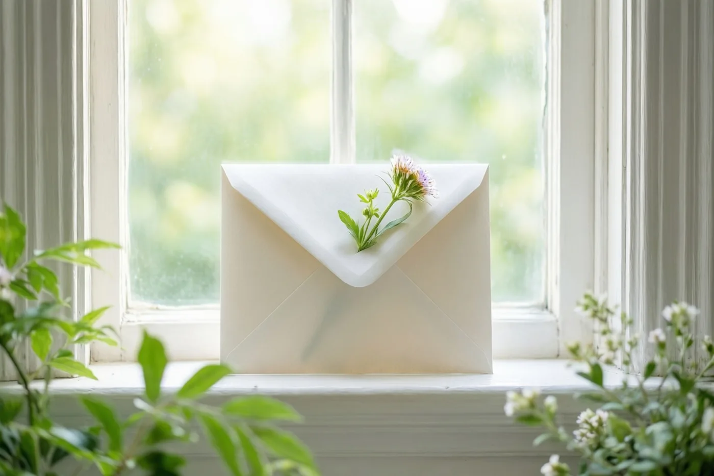 Een witte envelop met een paars bloemetje onder de flap ligt op een witte vensterbank in zacht daglicht, met groen ervoor en erachter.