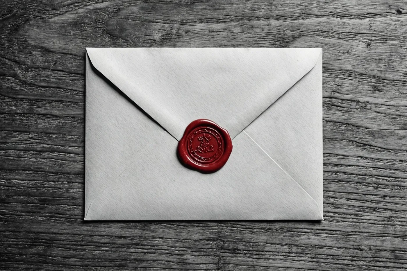 Een witte envelop met een rood lakzegel ligt midden op een donkere houten tafel.