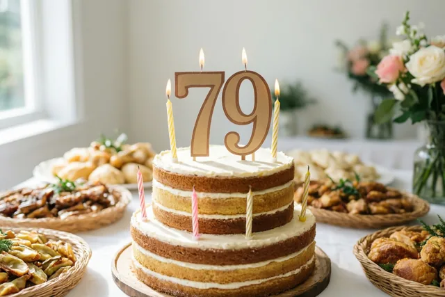 Een taart met meerdere verdiepingen, wit glazuur, brandende kaarsjes en een papieren versiering met 79 staat op een buffettafel tussen manden met eten en bloemstukken.