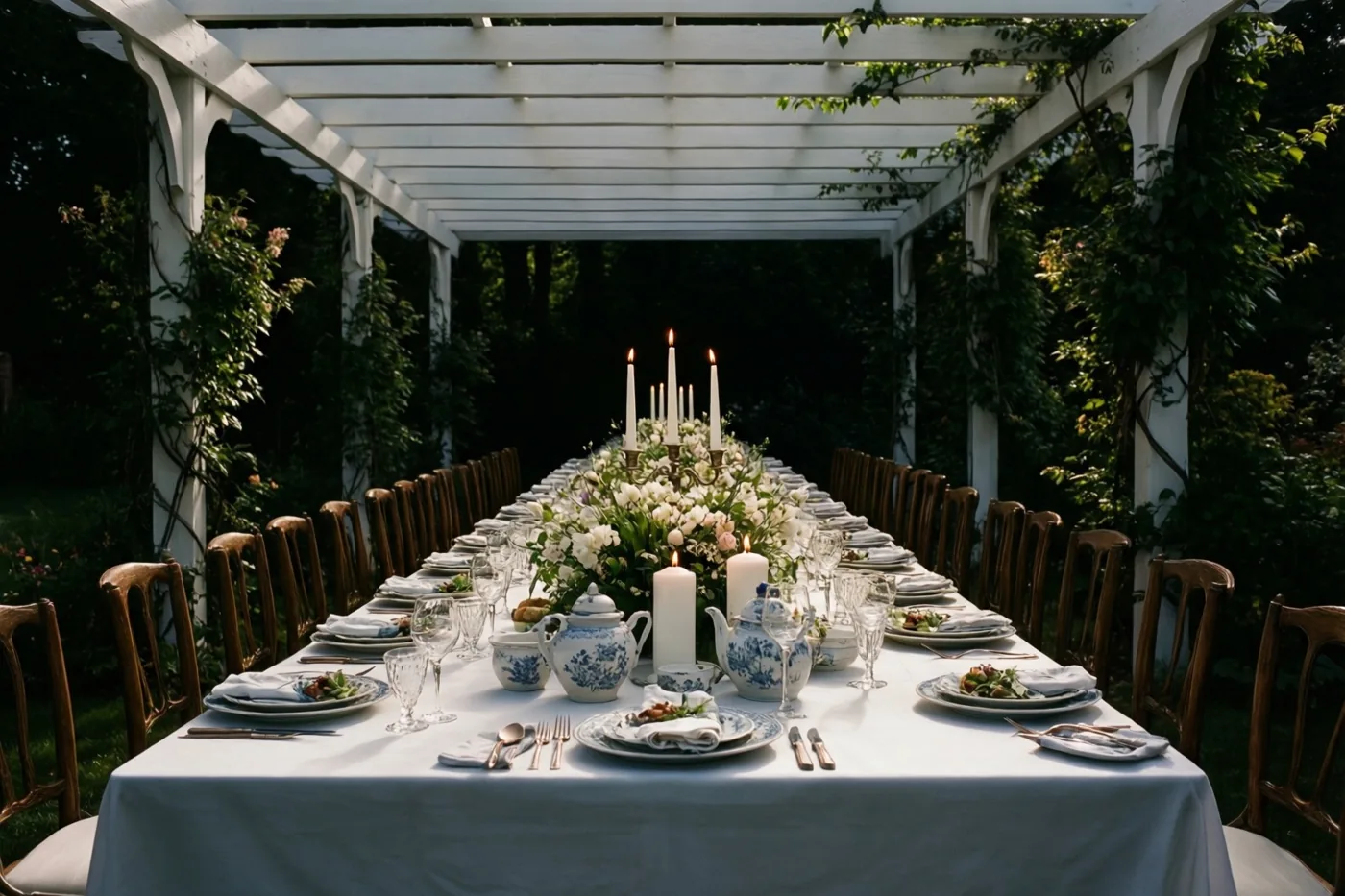 Een lange witte tafel met porselein en brandende witte kaarsen staat onder een witte pergola, omringd door groen.