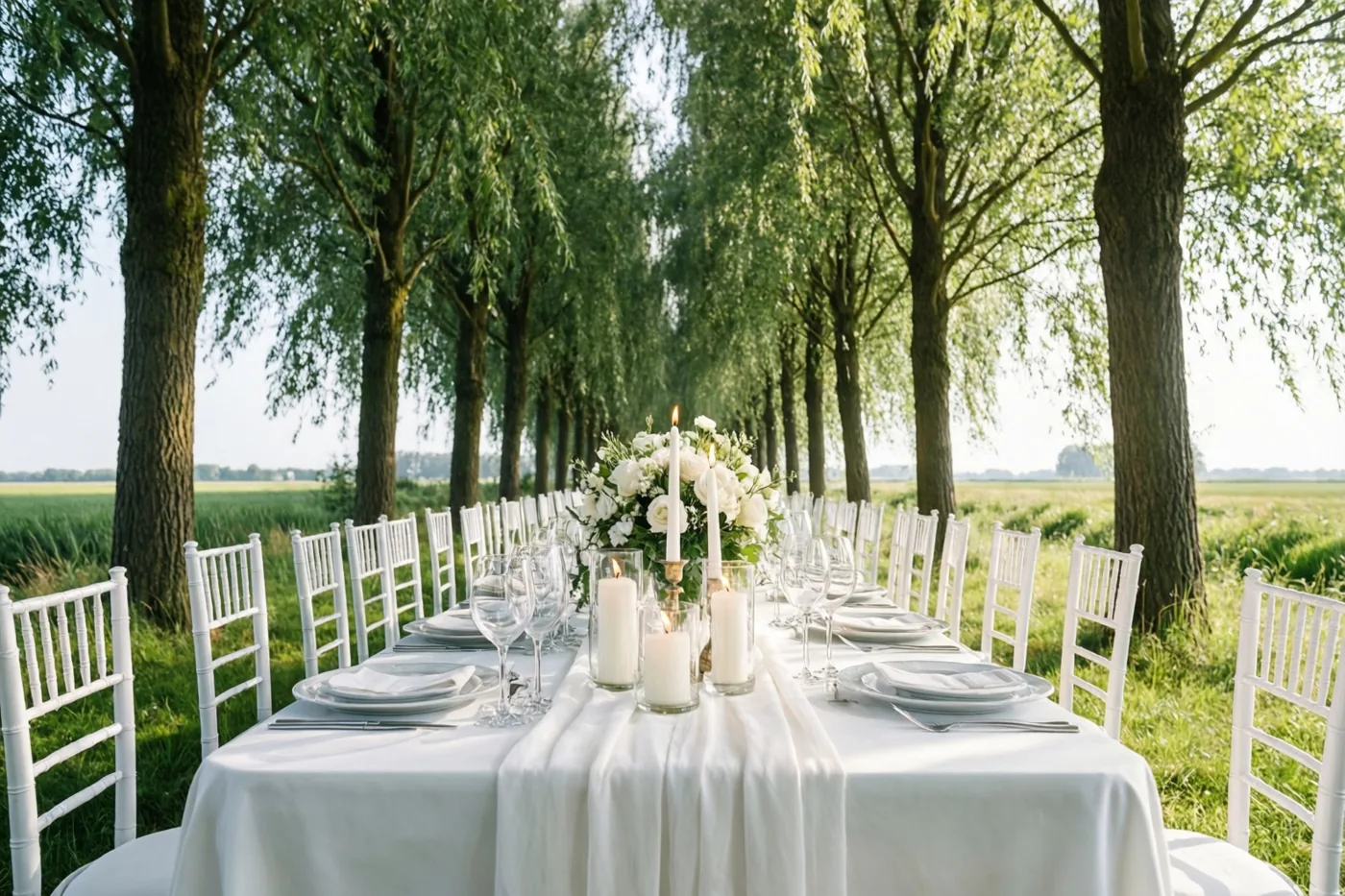 Een lange trouwtafel met een wit tafelkleed, witte kaarsen en bloemstukken staat bij daglicht onder een rij knotwilgen in een groene polderweide.