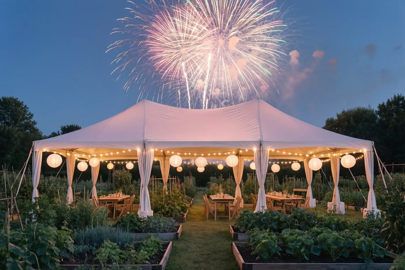 Een witte feesttent met tafels staat in een tuin bij schemering, verlicht door lichtsnoeren en papieren lantaarns, met kleurrijk vuurwerk aan de diepblauwe hemel.