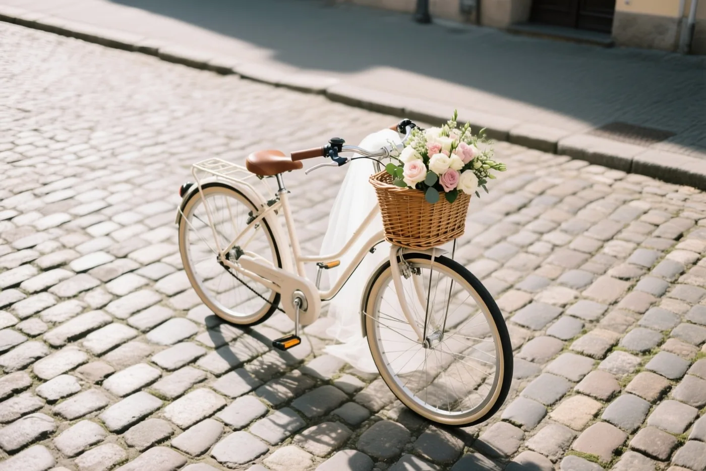 Een witte fiets met een bruin leren zadel, een rieten mand vol roze en witte rozen en een witte sluier aan het stuur staat in warm zonlicht op een kasseistraat.