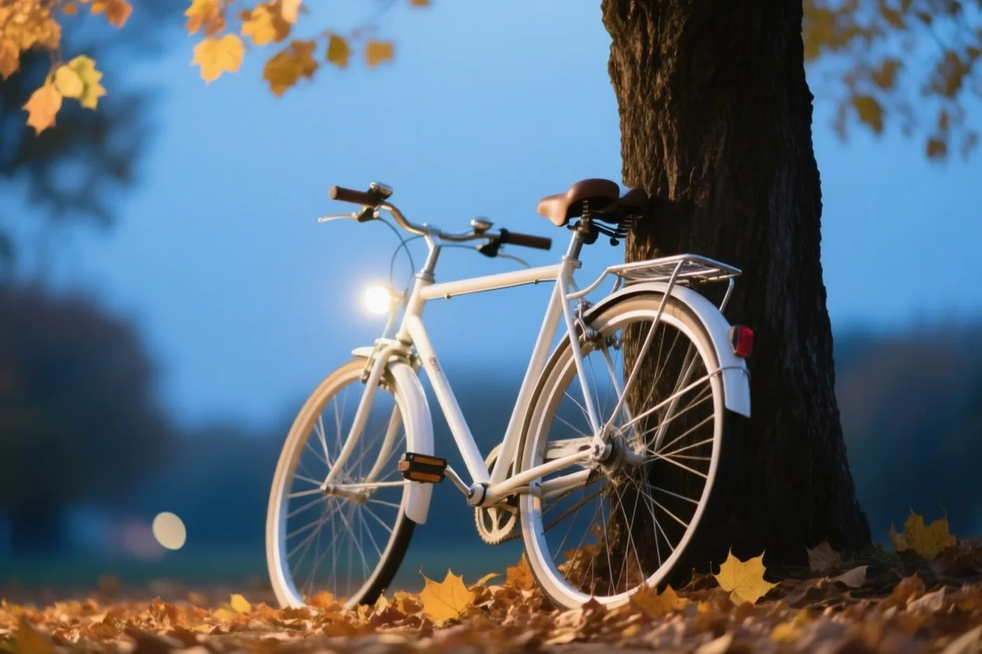 Een witte fiets leunt tegen een boomstam in een park vol gouden herfstbladeren, bij schemering onder een blauwe lucht met warm licht.
