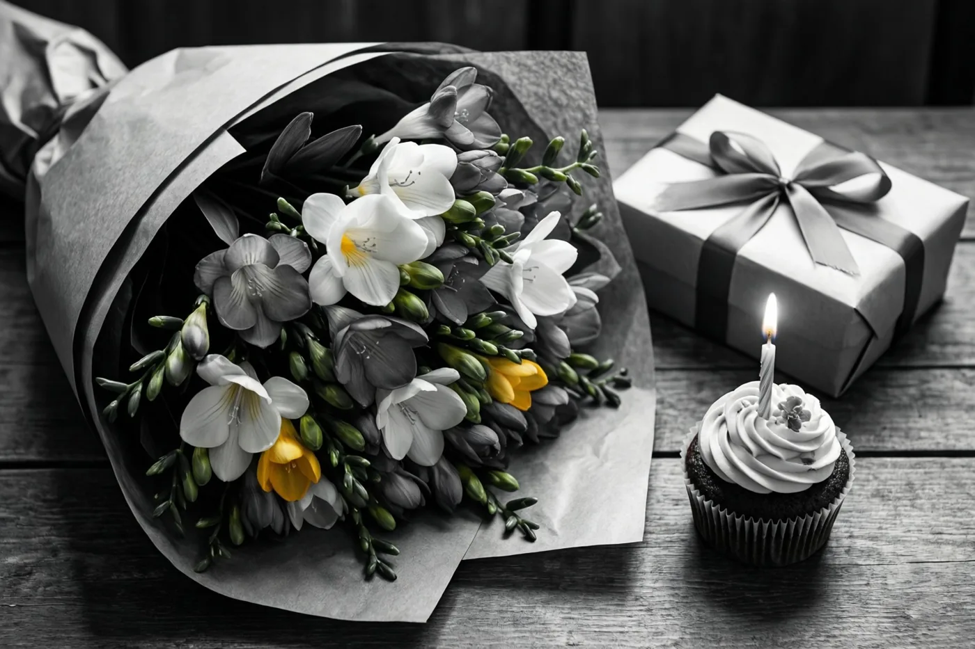 Witte freesia's met gele harten in grijs papier liggen op een houten tafel naast een ingepakt cadeau en een chocoladecupcake met een brandend kaarsje, in een verder grotendeels monochroom beeld.