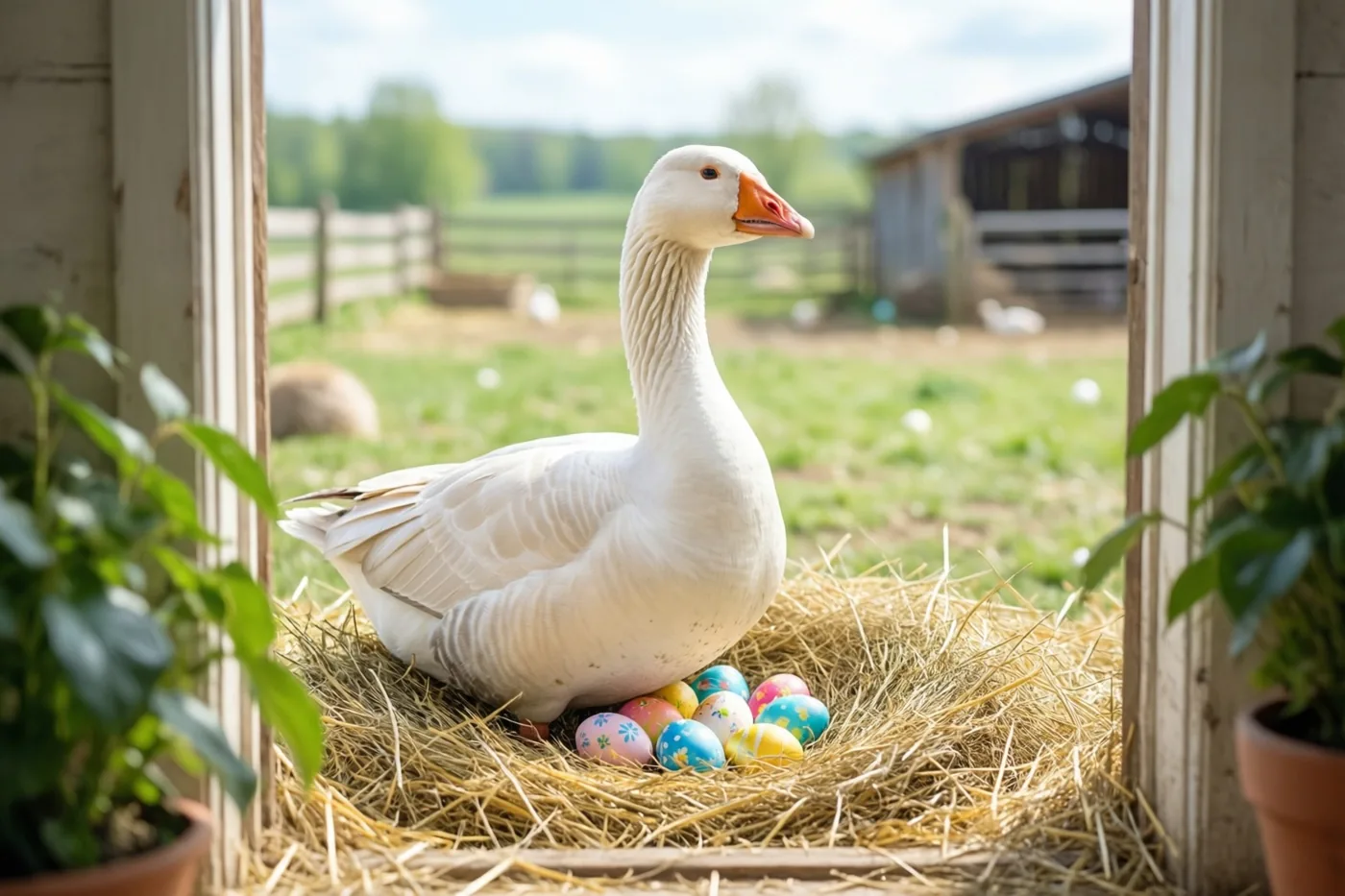 Een witte gans staat bij kleurrijke beschilderde paaseieren op een met stro bedekte vensterbank, met uitzicht op een zonnig boerenerf, groene velden en een houten hek.