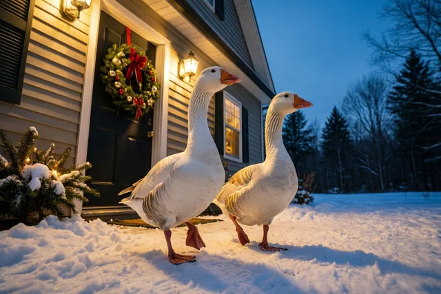 Ganzen in het kerstlicht