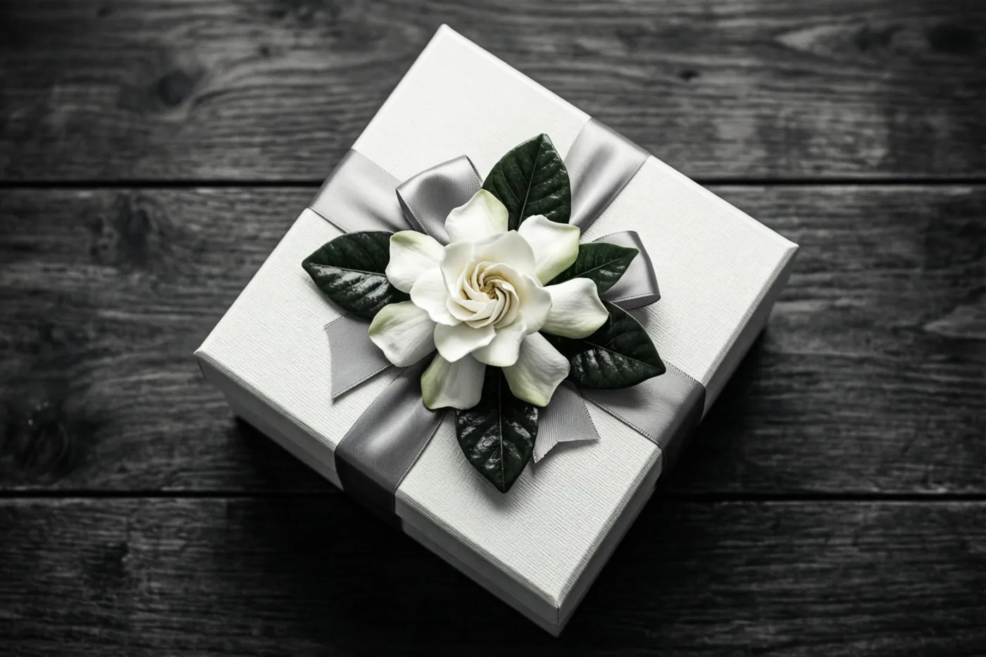 Een witte geschenkdoos met een zilverkleurig satijnen lint, één witte gardenia en donkergroene bladeren staat op een donkere houten tafel.