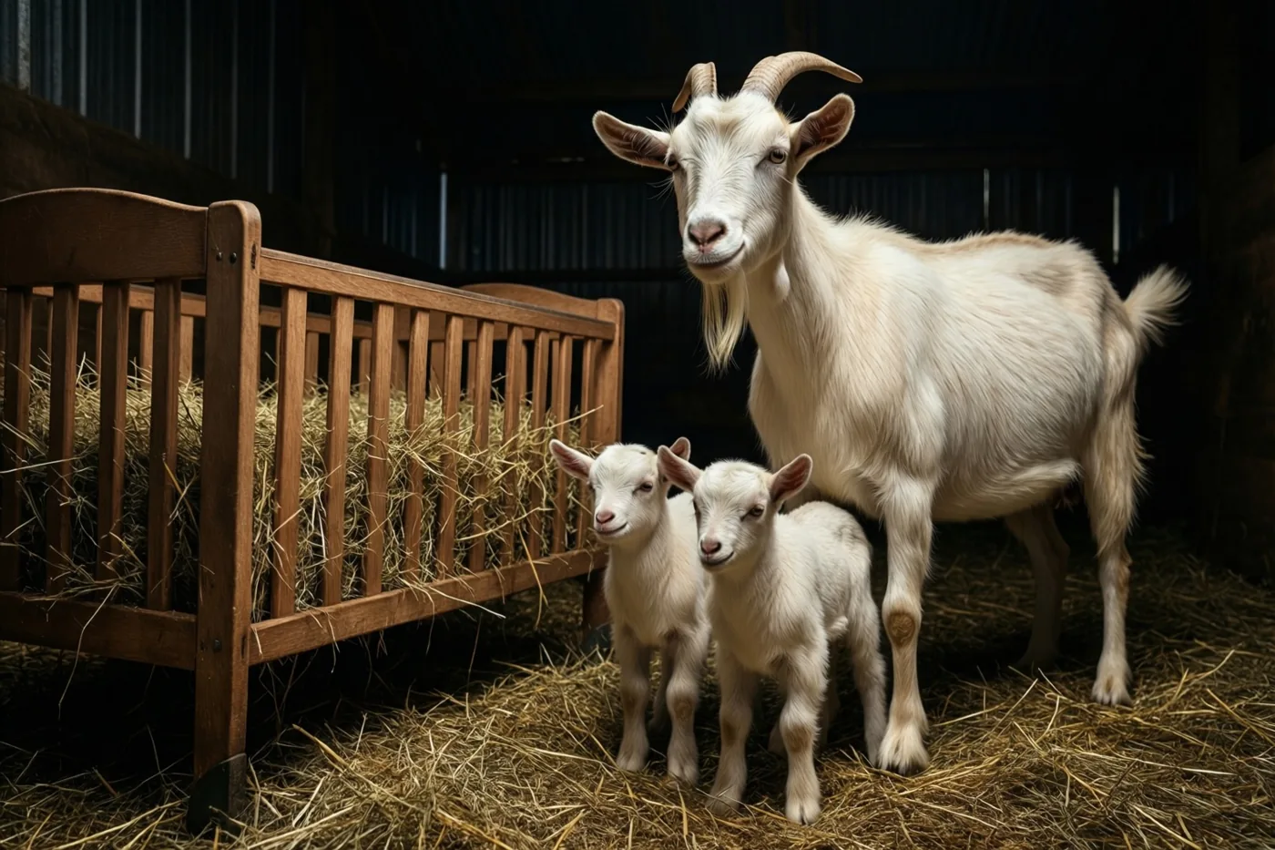 Een moedergeit staat met twee witte pasgeboren geitjes naast een houten babywieg gevuld met hooi in een warm verlichte schuur.