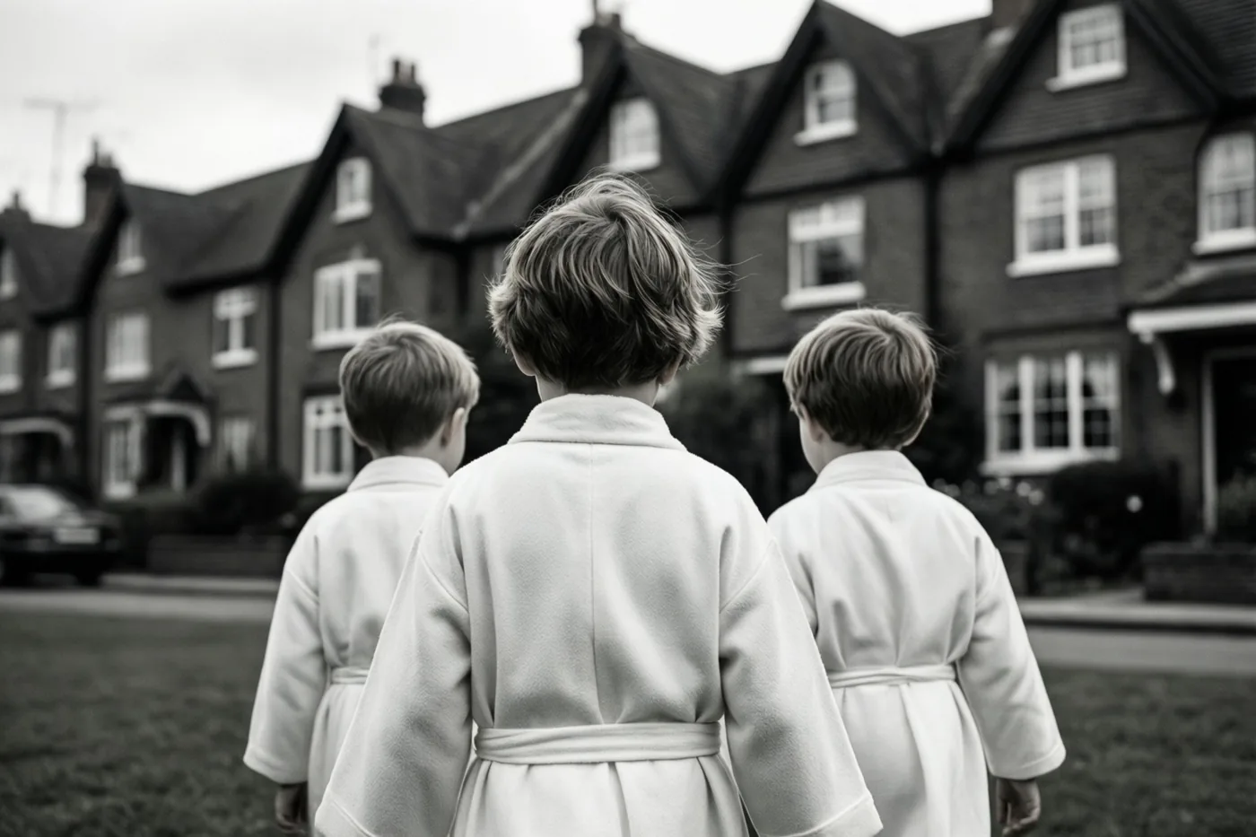 Op een zwart-witfoto wandelen drie kinderen in witte gewaden met hun rug naar de camera door een straat vol bakstenen rijhuizen met trapgevels.