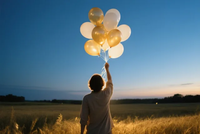 Een persoon staat met de rug naar de kijker in een goudkleurig veld en houdt witte en gouden ballonnen omhoog onder een hemel die van diepblauw naar zachtoranje verloopt.
