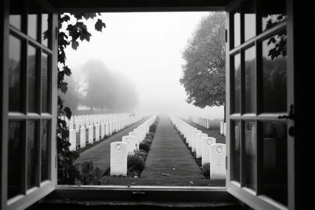Door een open raam zijn rijen witte grafstenen te zien die in de mist verdwijnen, met herfstbomen aan weerszijden.