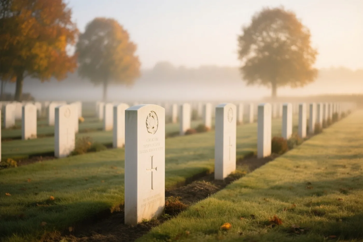 Rijen witte grafstenen staan op een grasrijke begraafplaats in warm ochtendlicht, met goudgele herfstbomen op de achtergrond onder een licht mistige hemel.
