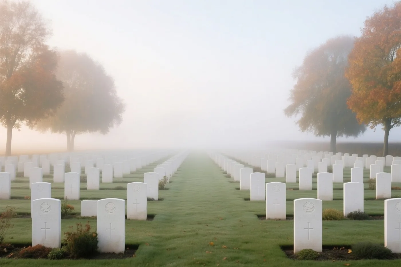 Rijen witte grafstenen verdwijnen in de mist tussen bomen met oranje en bruine herfstbladeren onder een zachte, bleke hemel.