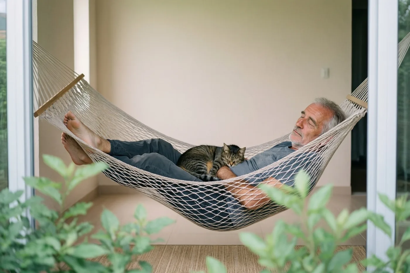 Een oudere man slaapt met een slapende tijgerkat op zijn buik in een witte hangmat binnen bij grote ramen, met groene planten op de voorgrond.