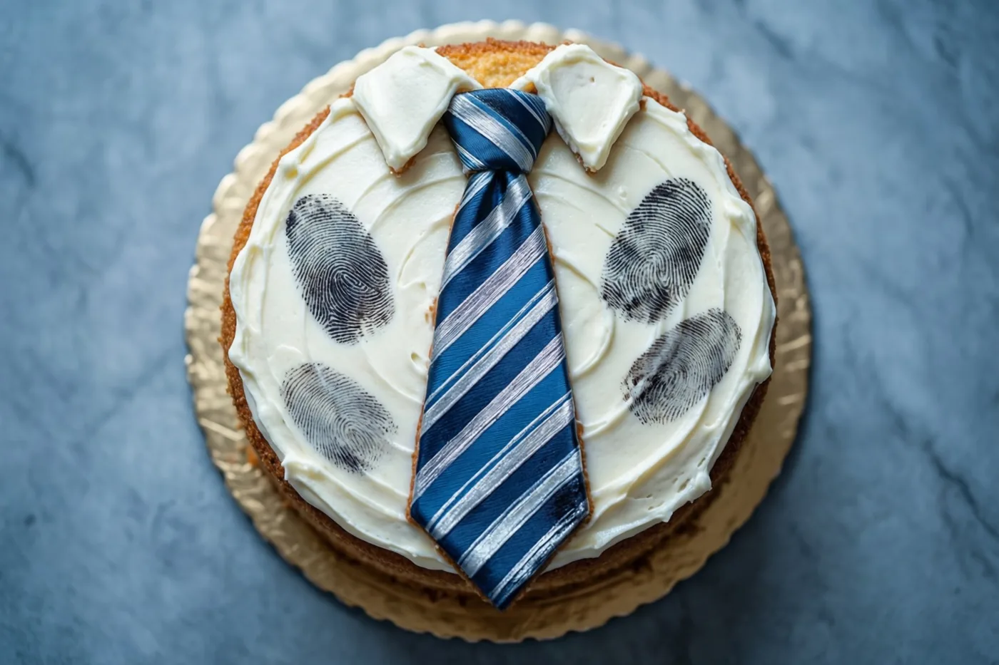 Een ronde taart met wit glazuur is versierd als een hemd met een blauw-zilver gestreepte das en vier zwarte vingerafdrukken, op een goudkleurig bord tegen een blauwgrijze achtergrond.