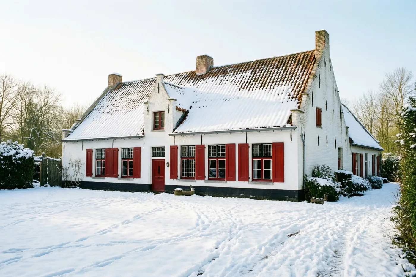 Een witgekalkte Vlaamse hoeve met rode luiken en sneeuw op het pannendak staat op een besneeuwd erf, met kale bomen onder een bleke hemel.