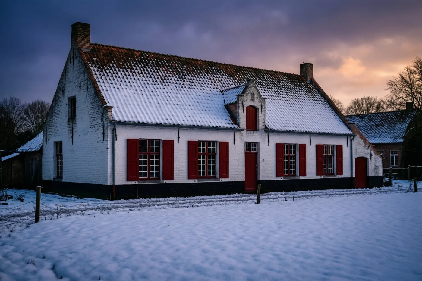 Een witgekalkte Vlaamse hoeve met rode luiken en een besneeuwd pannendak staat op een besneeuwd erf onder een paarse en oranje schemerlucht.