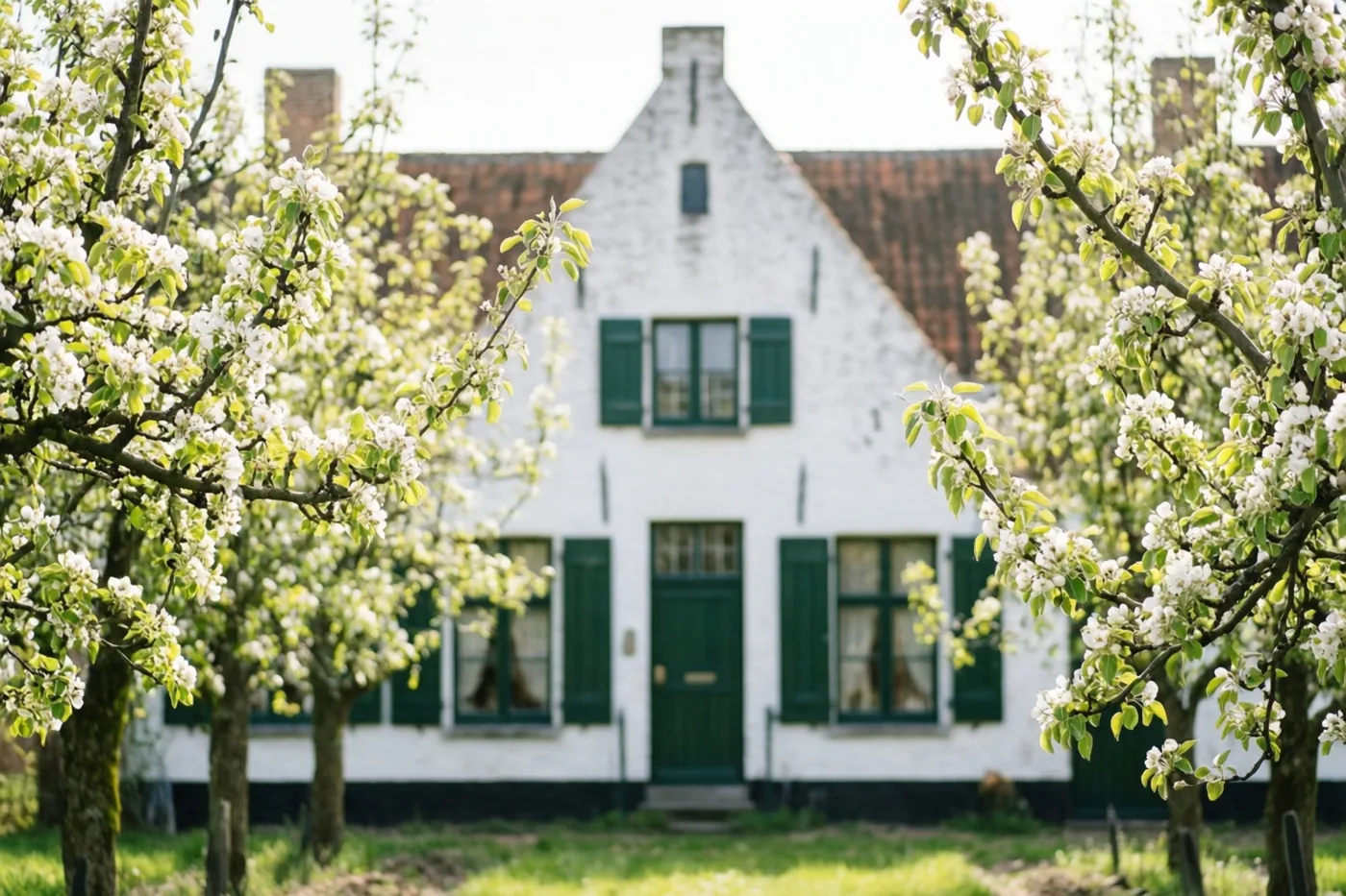 Een witgekalkte Vlaamse hoeve met groene luiken staat tussen bloeiende perenbomen in zacht lentelicht.