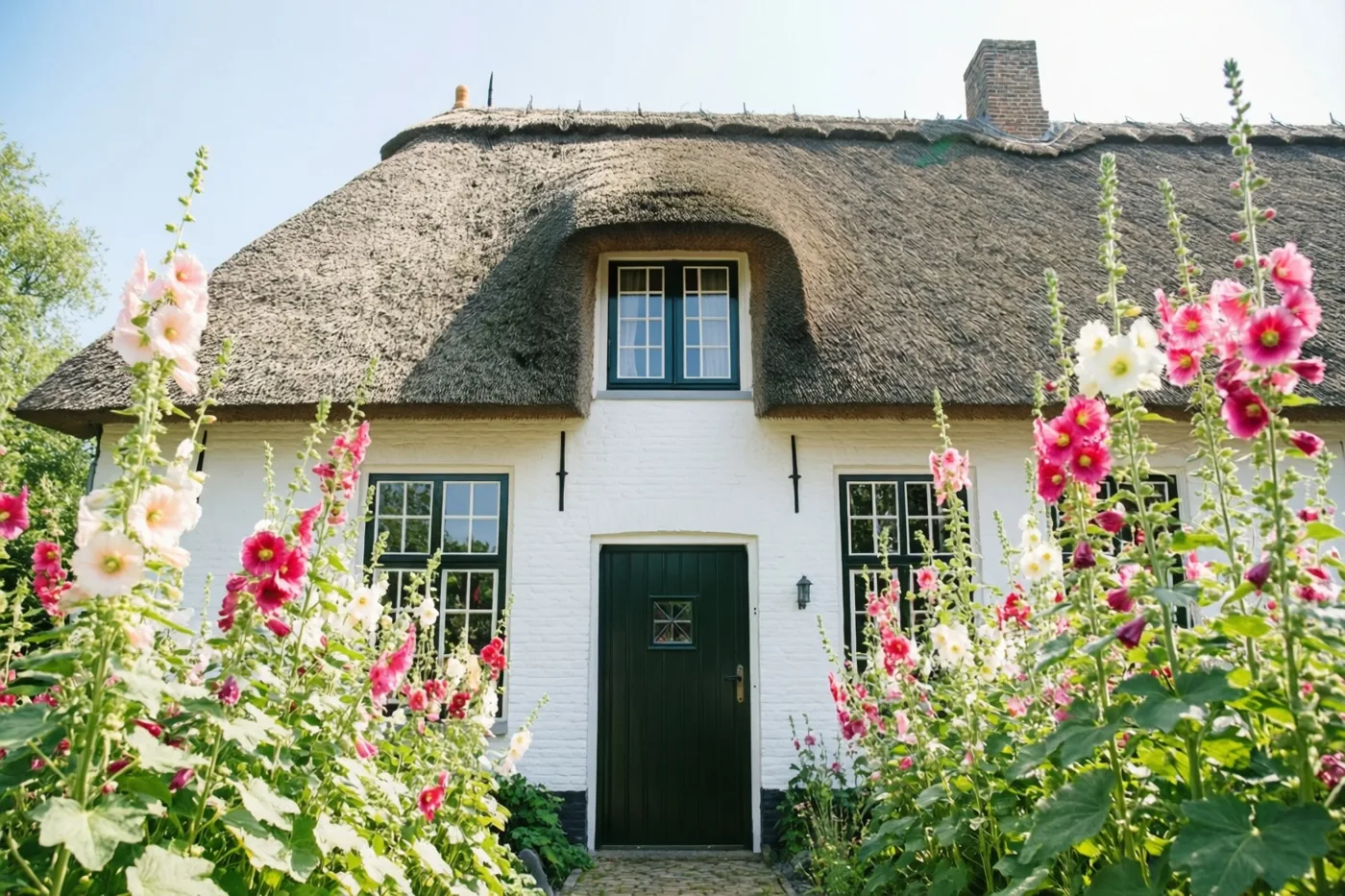 Een witte Vlaamse hoeve met een rieten dak staat tussen hoge roze en witte stokrozen onder een heldere blauwe hemel.
