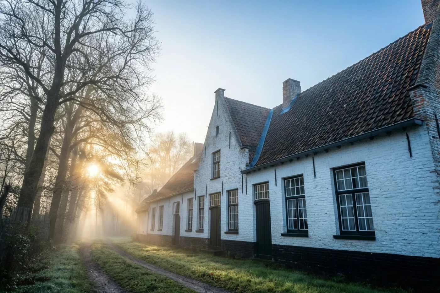 Witgekalkte Vlaamse hoeves met donkere pannendaken staan langs een graspad in de ochtendmist, terwijl links zonlicht door kale takken valt.
