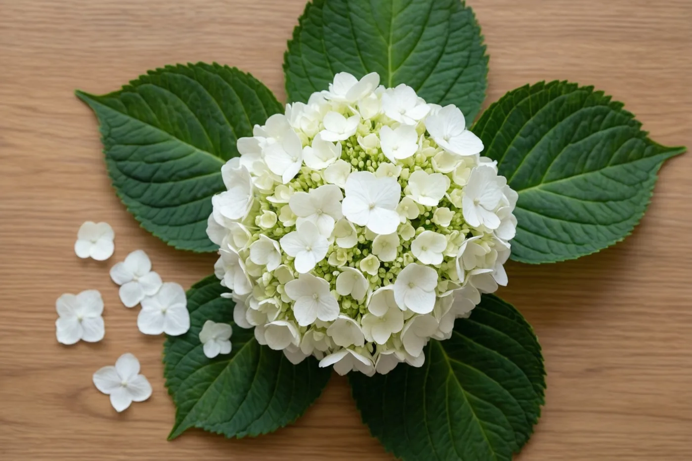 Een witte hortensiabloem ligt op een houten ondergrond tussen groene bladeren, met enkele losse witte bloemblaadjes ernaast.