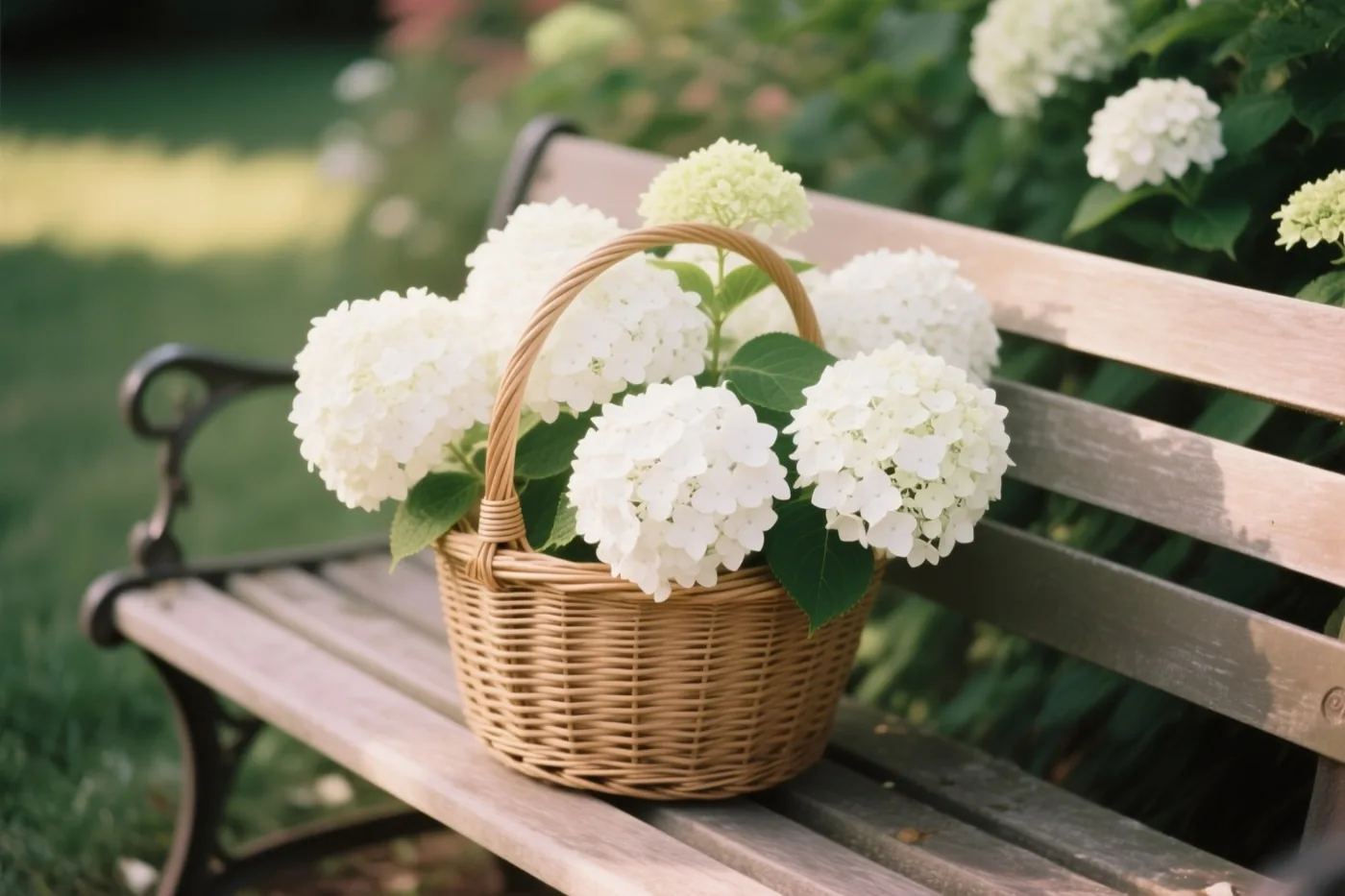 Een rieten mand met witte hortensia’s staat op een houten tuinbank in een weelderige groene tuin met zacht natuurlijk licht.
