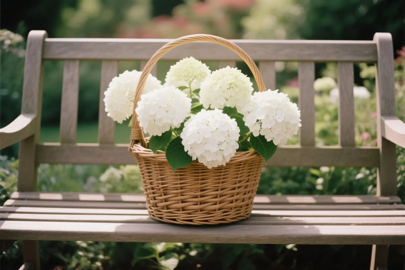 Een rieten mand vol witte hortensia's staat op een houten tuinbank met een wazige groene tuin op de achtergrond.