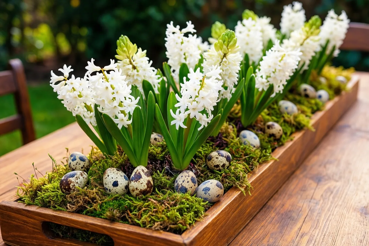 Een lange houten schaal met witte hyacinten, groen mos en gespikkelde kwarteleitjes staat op een houten tuintafel met een onscherpe tuin op de achtergrond.